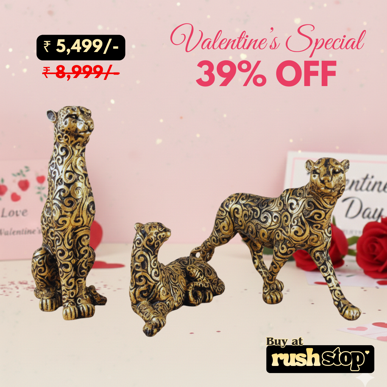 Luxury golden panther figurine set in matte black and gold filigree for modern statement home decor