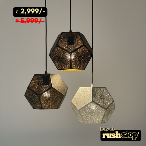 Luxury Moroccan geometric pendant light in matte black with gold interior