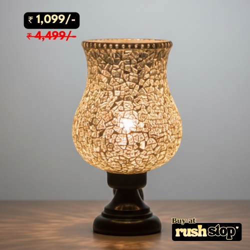 Decorative lamp with textured design on a gray background, featuring a price tag and 'rushstop' branding.