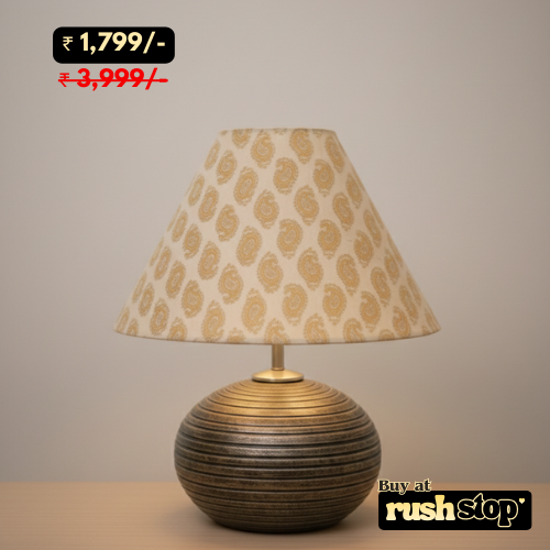 Rushstop premium designer resin golden table lamp with paisley fabric shade