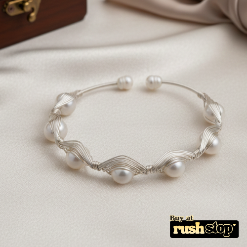 Handcrafted silver wire freshwater pearl cuff bracelet