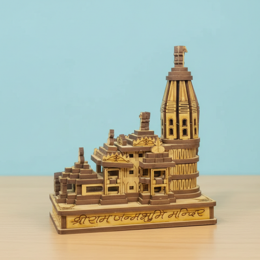Wooden model of a temple with intricate details on a beige surface and light blue background