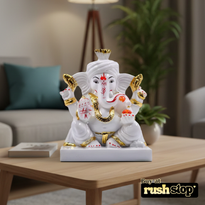 Sacred White Marble Ganesh Ji Idol on Decorative Hand