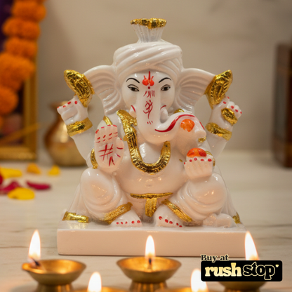 Sacred White Marble Ganesh Ji Idol on Decorative Hand