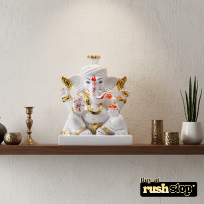 Sacred White Marble Ganesh Ji Idol on Decorative Hand