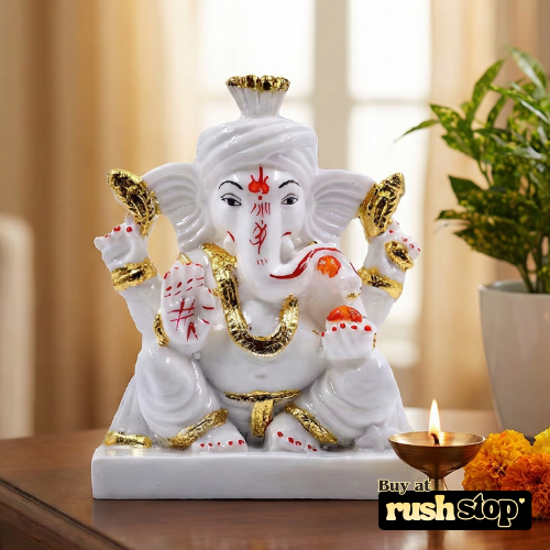 Sacred White Marble Ganesh Ji Idol on Decorative Hand