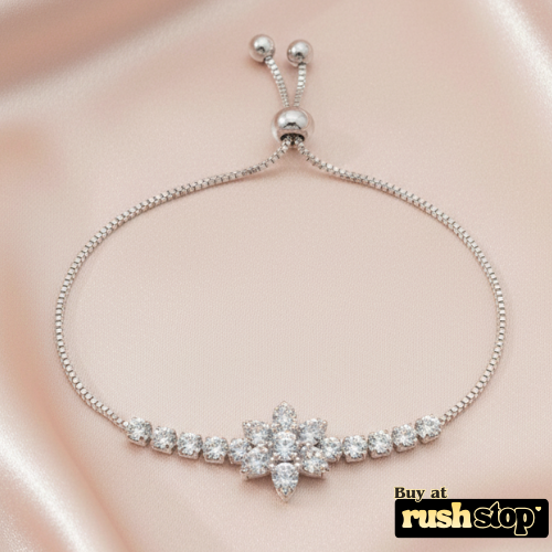 Sparkling floral crystal bolo bracelet adjustable silver tone