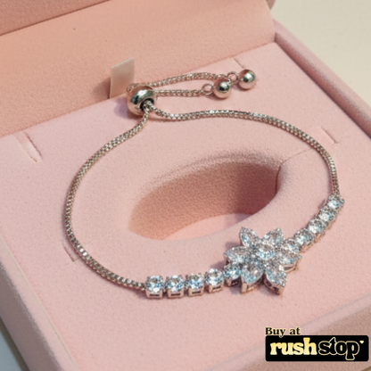 Sparkling floral crystal bolo bracelet adjustable silver tone