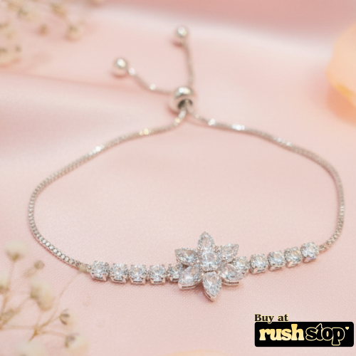 Sparkling floral crystal bolo bracelet adjustable silver tone