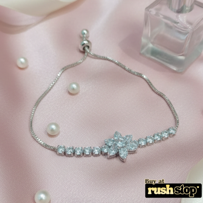 Sparkling floral crystal bolo bracelet adjustable silver tone