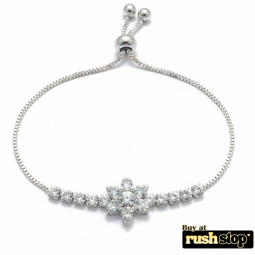 Sparkling floral crystal bolo bracelet adjustable silver tone