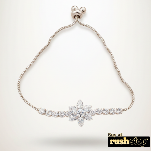 Sparkling floral crystal bolo bracelet adjustable silver tone