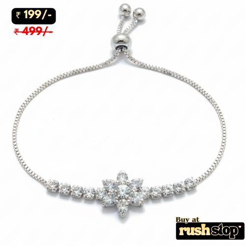 Sparkling floral crystal bolo bracelet adjustable silver tone