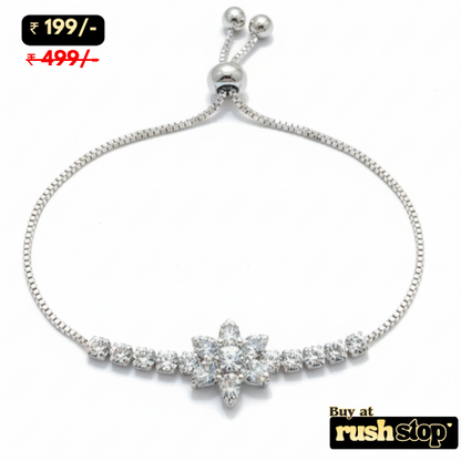 Sparkling floral crystal bolo bracelet adjustable silver tone