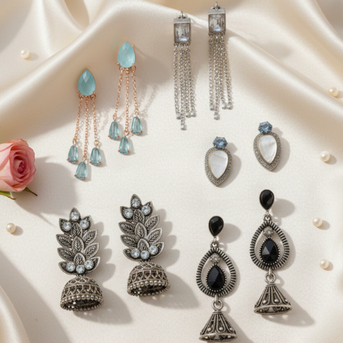 Five pair assorted earring wardrobe collection with studs dangles and jhumkas