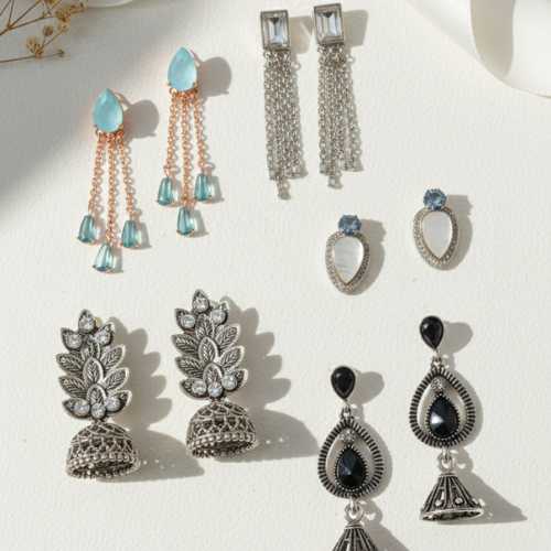 Five pair assorted earring wardrobe collection with studs dangles and jhumkas