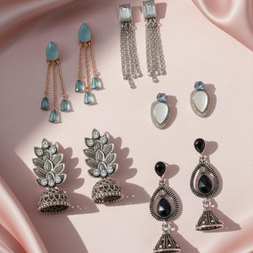 Five pair assorted earring wardrobe collection with studs dangles and jhumkas