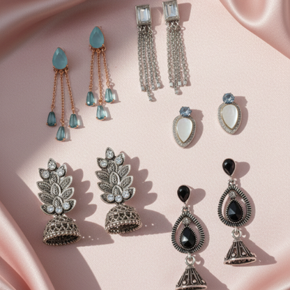 Five pair assorted earring wardrobe collection with studs dangles and jhumkas