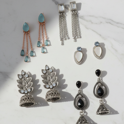 Five pair assorted earring wardrobe collection with studs dangles and jhumkas