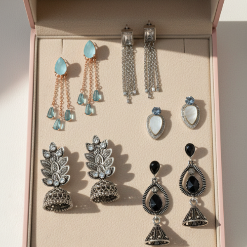 Five pair assorted earring wardrobe collection with studs dangles and jhumkas