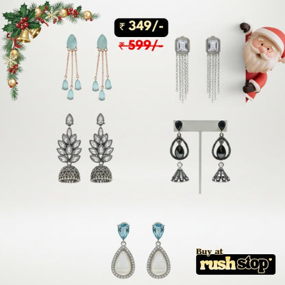 Five pair assorted earring wardrobe collection with studs dangles and jhumkas