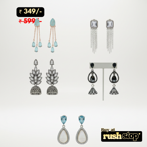 Five pair assorted earring wardrobe collection with studs dangles and jhumkas