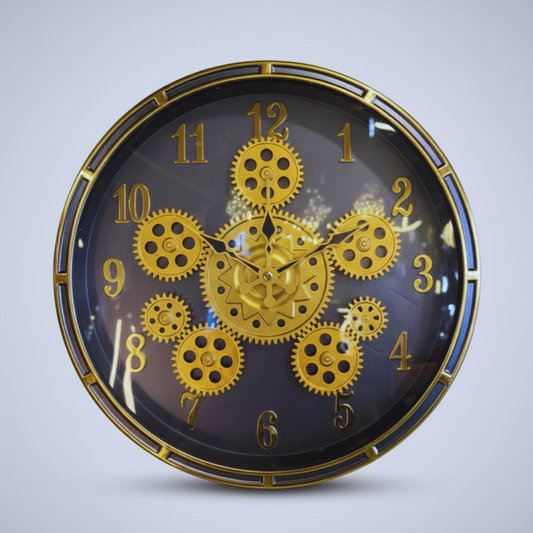 Decorative clock with gold gears on a gray background