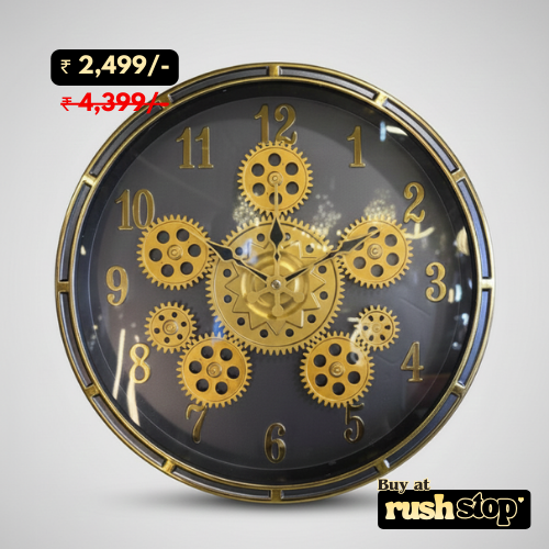 Vintage grandeur golden gear wall clock with black dial and embossed gold numerals