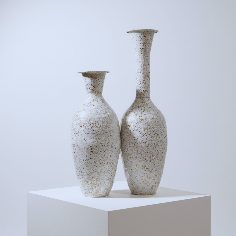 Two speckled ceramic vases on a white pedestal against a light gray background