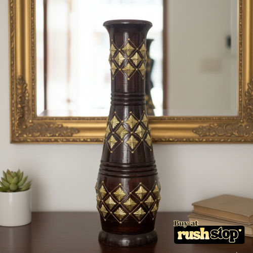 Traditional wood and gold geometric floor vase for luxury home decor