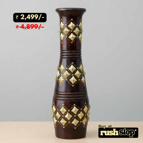 Traditional wood and gold geometric floor vase for luxury home decor