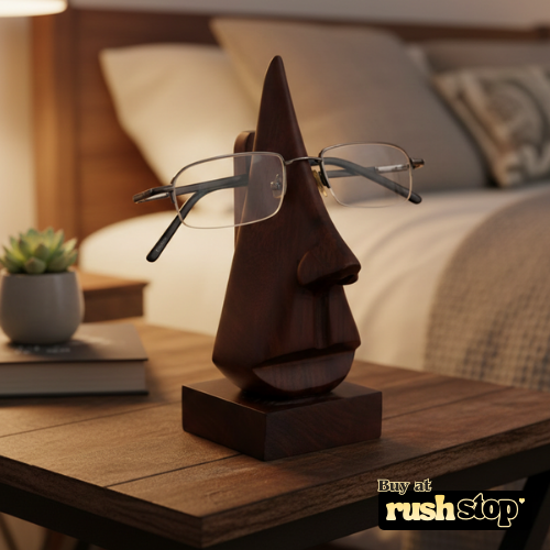 Wooden sculpture of a face with glasses on a table, with 'rushstop' branding.